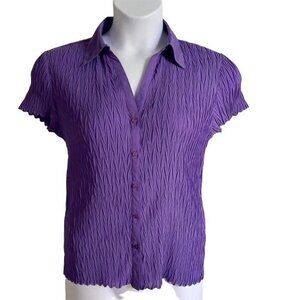 Nicola Purple Button Down Short Sleeve Textured Polyester Top Womens Large